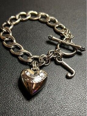 B5791 Juicy Couture Chain Charm Bracelet Toggle Clasp Heart J Logo Silvertone 8"